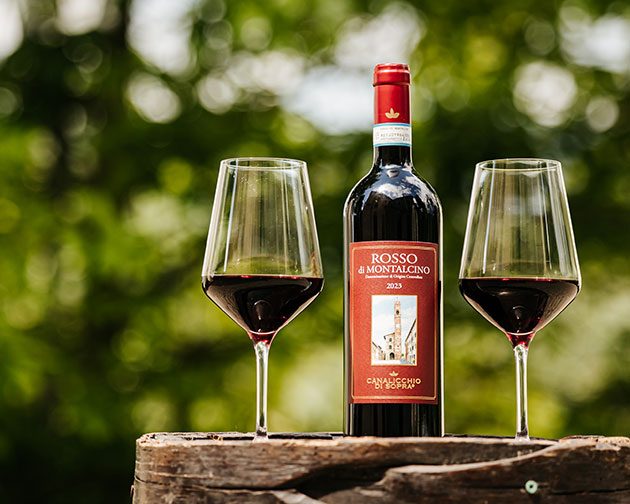 Vino rosso toscano servito nel parco della Fattoria Il Palagio
